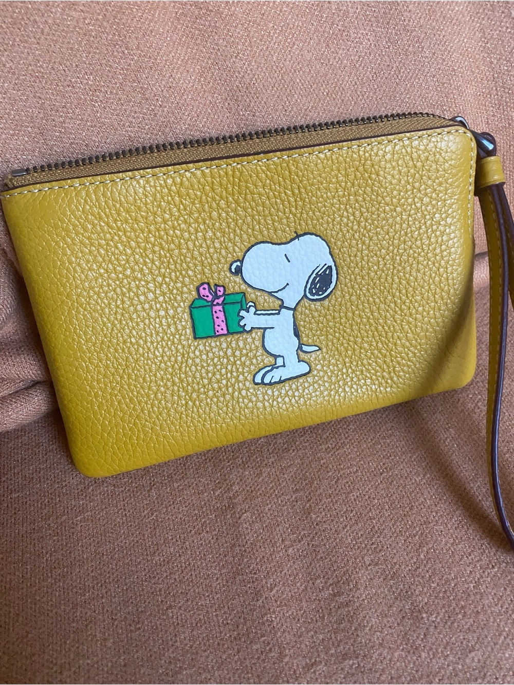 Mustard Yellow Leather Wristlet with Snoopy Gift Motif